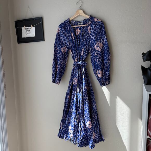 Ulla Johnson Dress Blue Geo Floral Print Bevyn Long Sleeve‎ Midi Dress Size 2 - Picture 3 of 9